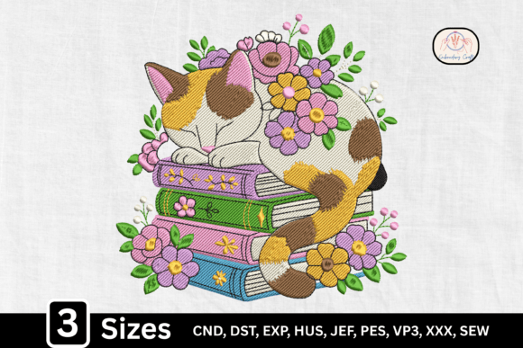 Floral Sleeping Cat Book Lover: A Cozy Design for Business Embroidery